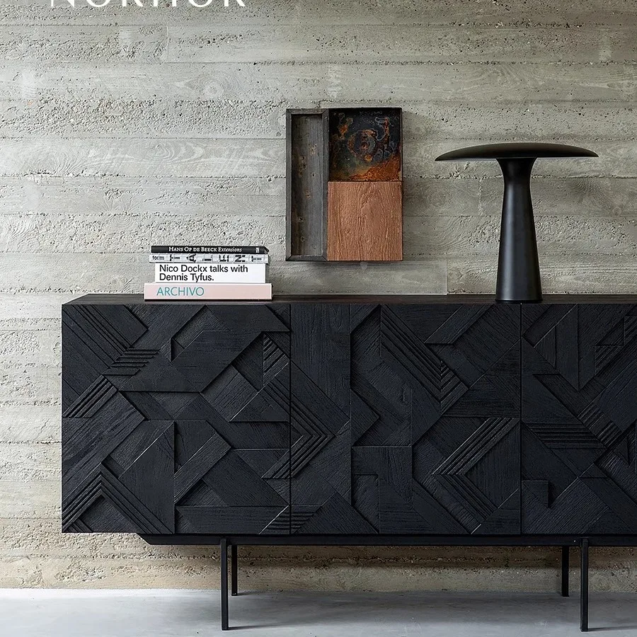 Wabi-sabi style teak solid wood hand-carved sideboard industrial style entryway bedroom TV cabinet