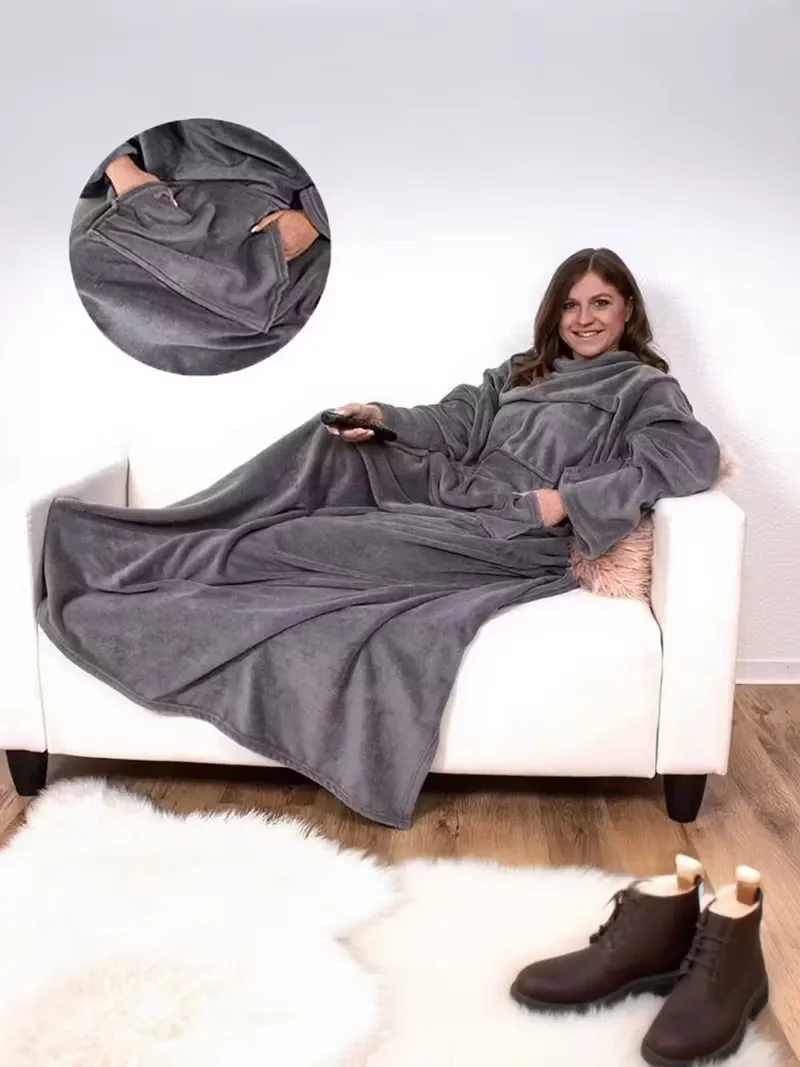 

Home Wearable Adult Blanket Large Pocket Multifunctional Lazy Sleeve Antistatic Flannel Blanket TV Sofa Blanket