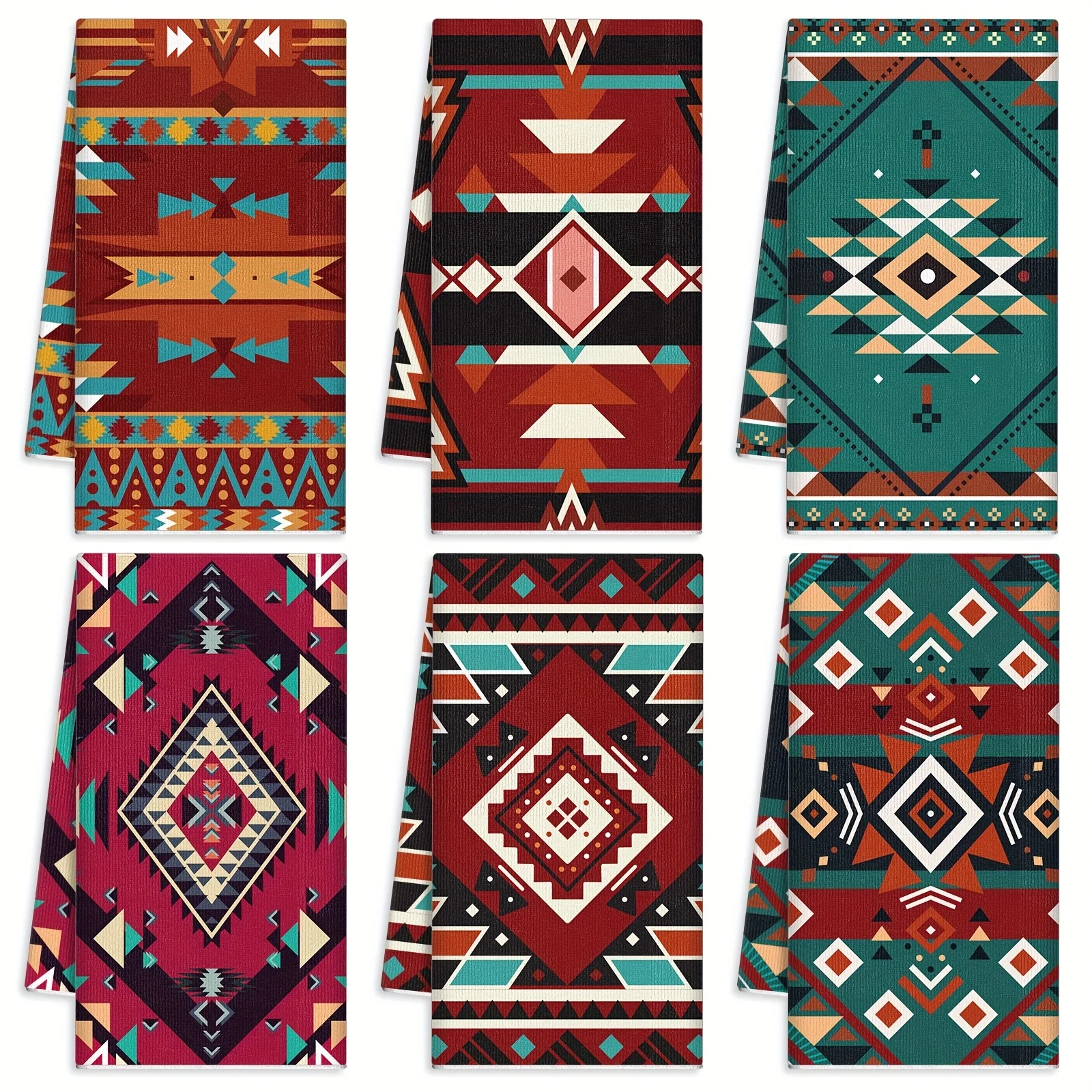 6 Southwest-style kitchen towels in a Bohemian Aztec design, perfect for scrubbing dishes