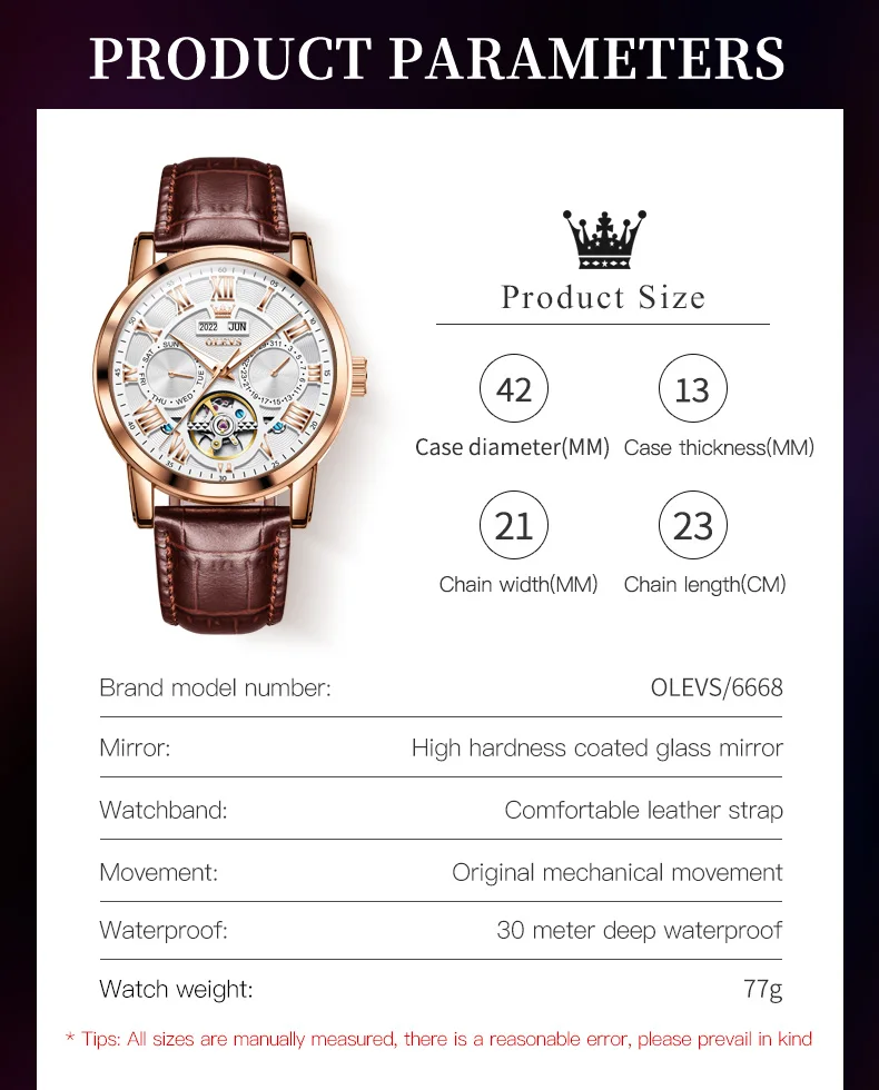 OLEVS Luxury Watch Mens Chronograph Automatic Mechanical Watches Leather Band Waterproof Moon Phase Wristwatch 2023 Top Brand