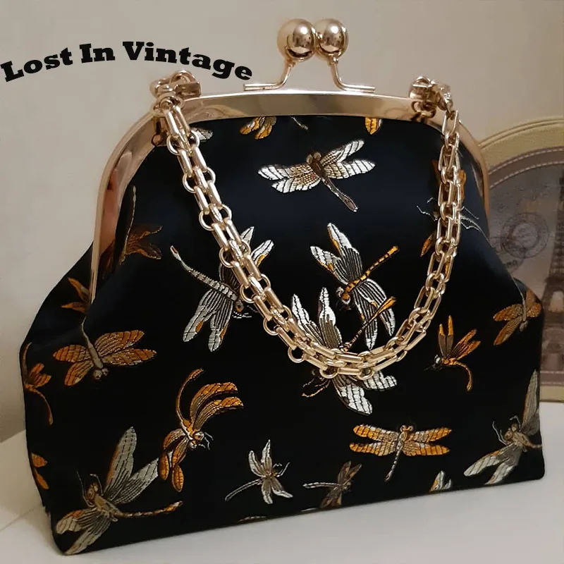 

Lost in Vintage Dragonfly Feathers Coin Bag Design Brocade Fabric BClutch Gold Kiss Lock Clasp with Tassel Pendant Wedding Bag