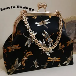 Lost in Vintage Dragonfly Feathers Coin Bag Design Brocade Fabric BClutch Gold Kiss Lock Clasp with Tassel Pendant Wedding Bag