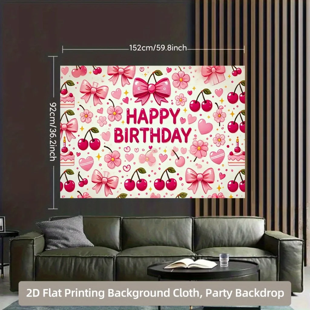 2D Background Cloth 1pc, Pink Bow and Cherry Element Background Cloth, Multifunctional Polyester Fabric Durable Background
