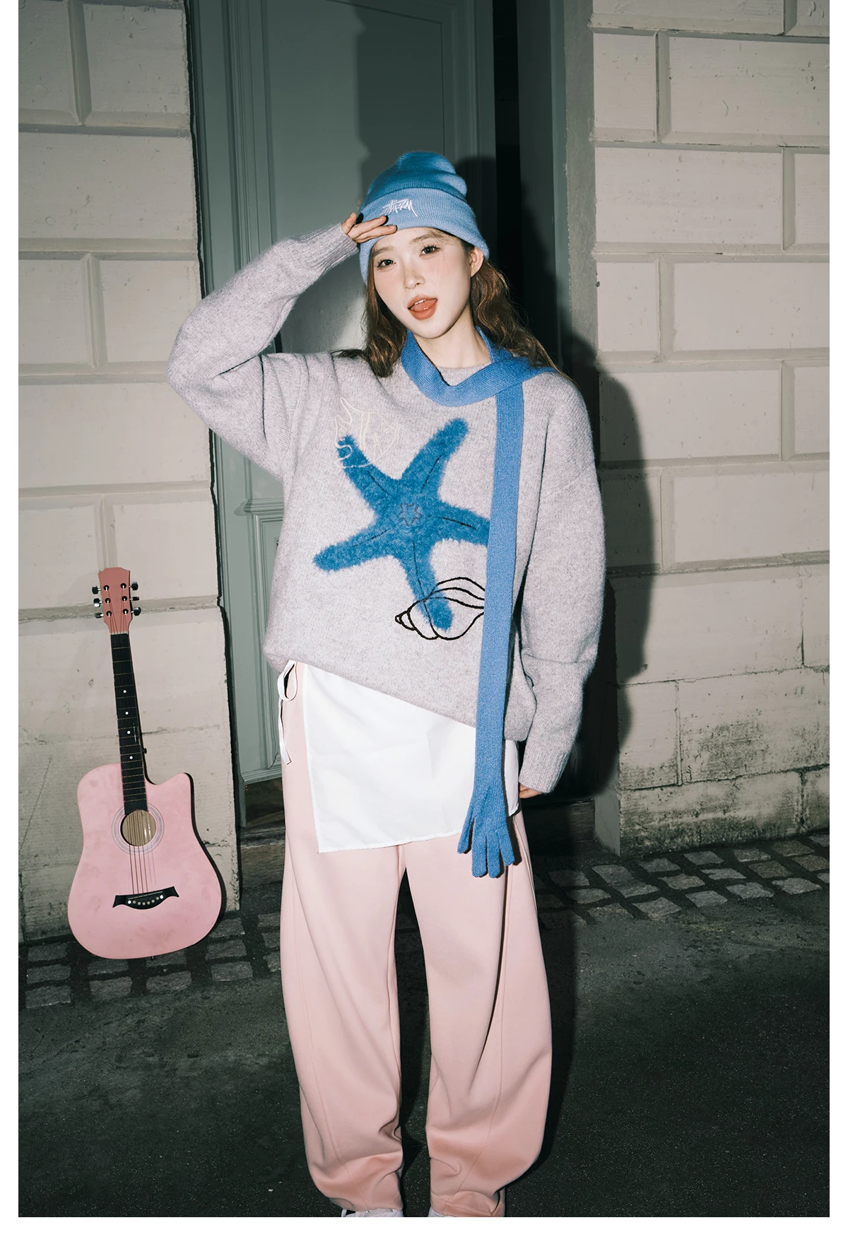 خريف شتاء جديد النمط الأمريكي العصرية نجم البحر التطريز سترة سوداء زوجين نمط فضفاض عادية أخضر رمادي محبوك سترة #5