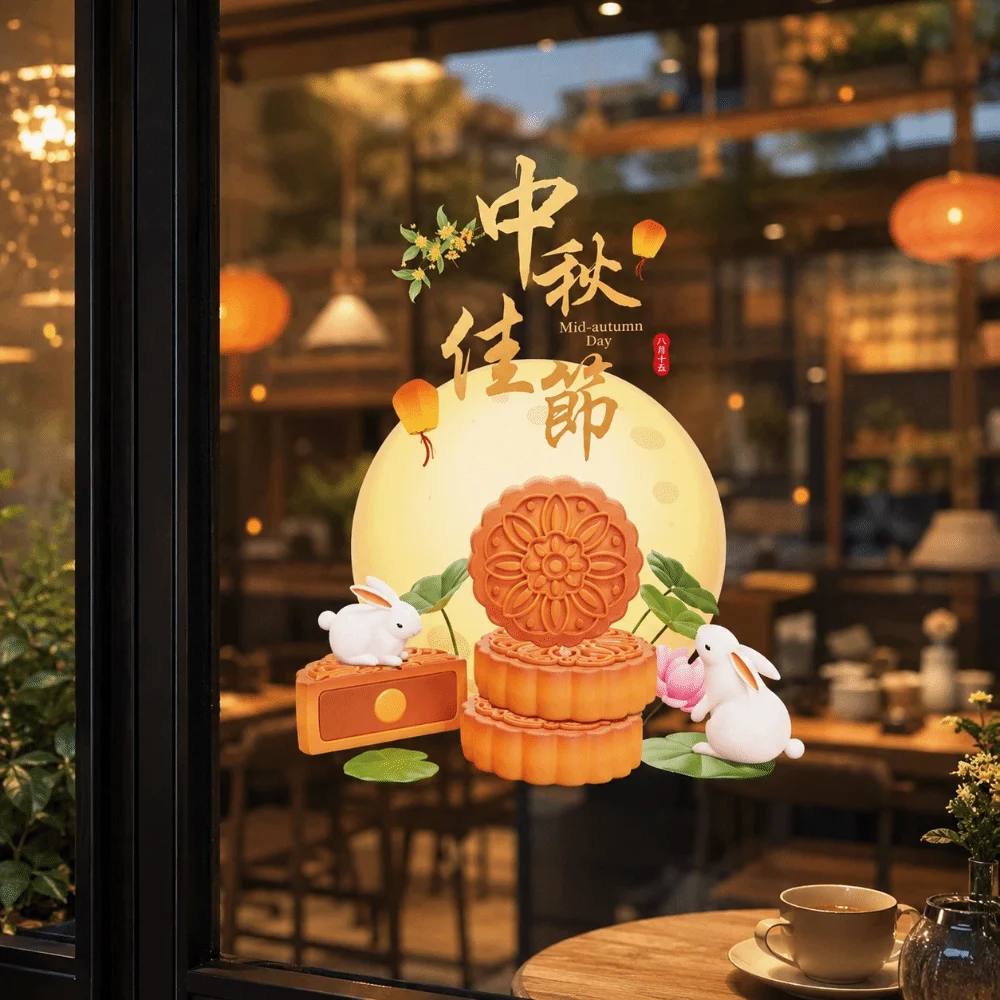Moon Mid-Autumn Festival Stickers Rabbit Decoration Door Stickers Moon Cake Electrostatic Window
