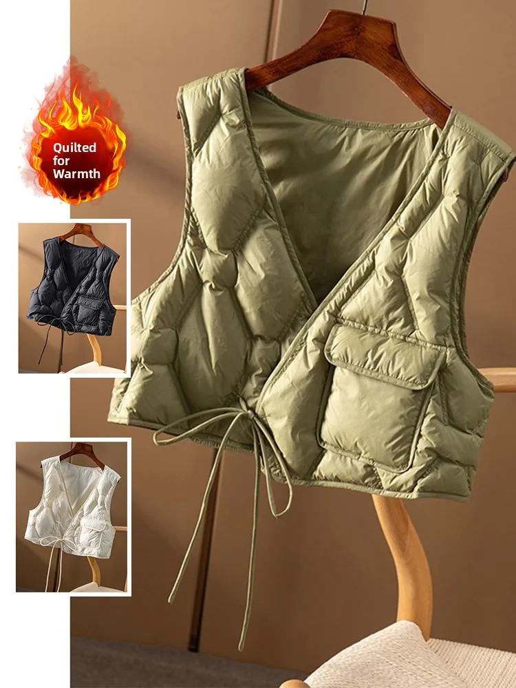 

Faionable Pure Color Lightweight Cotton Vest Women's Sli V-Ne Belted ort Coat Versatile Autumn Winter Jaet