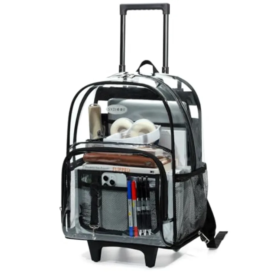 

Rolling Clear Backpack Heavy Duty, 3-Stage Telescopic Handle Transparent Bookbag with wheels, See Through Backpack for College,