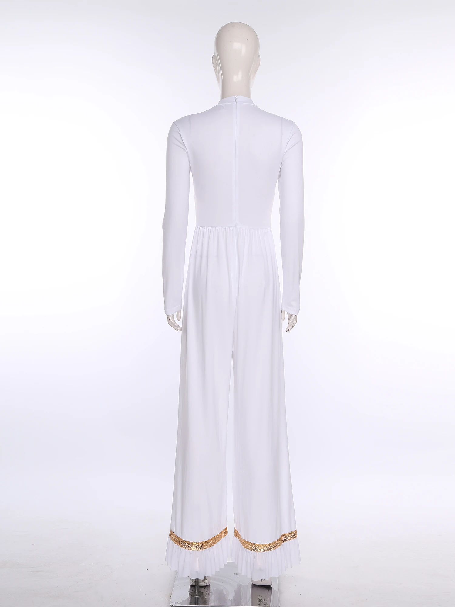 Vrouwen moderne dansvoorstelling kostuum aanbidding lof kerk rompertjes pailletten gegolfde mesh trim wijde pijpen broek eendelige jumpsuit