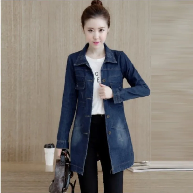 Women's Casual Denim Windbreaker Fall Spring Full Sleeve Women Trench Coats Fashion Single Breasted Long Jacket Lady Office Coat