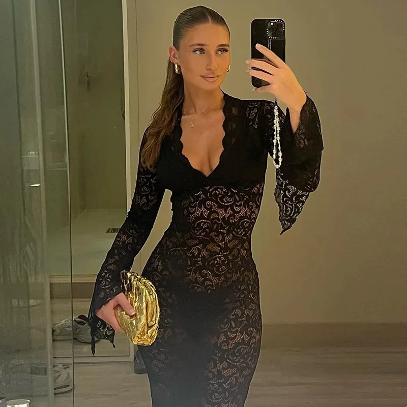 فستان ماكسي شفاف مثير مفرغ من الدانتيل من Bonny ملابس أنيقة للنساء بأكمام مضيئة ورقبة على شكل V فساتين للحفلات والنوادي #6