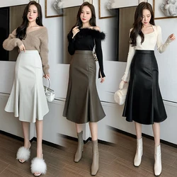 Fashion Sexy Skirts Womens Medium-long Split Hem OL PU Leather Skirt Woman Lady Casual Female Girls black leather skirt Vy3907