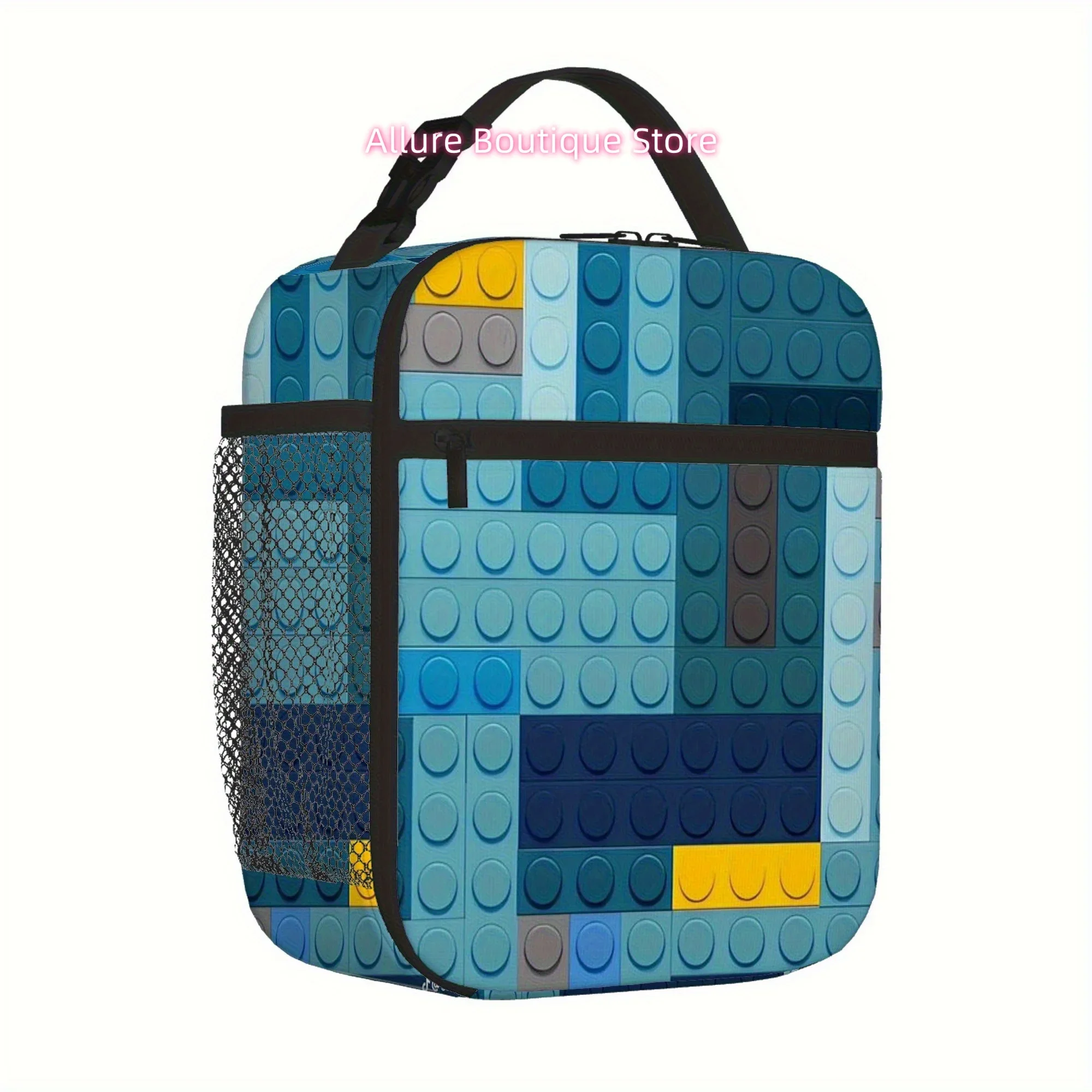 1pc Colorful Building Blocks Pattern Insulated Thermal Bag - Reusable, Portable, No-Food Contact, Ideal for Home, Office, Restau