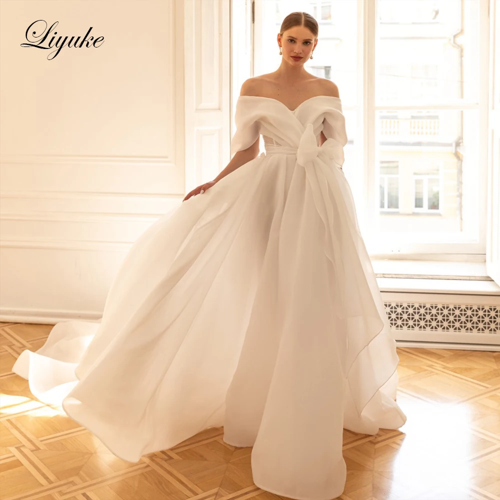 Liyuke Elegant Organza Off Shoulder Sleeves Wedding Dress With Bow Sashes Bride Gowns
