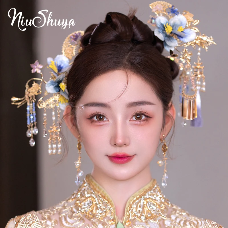 NiuShuya New Headwear Tiara Set Ancient Hairpin Beautiful Blue Light Color Traditional Chinese Wedding Han Costume Hair Ornament