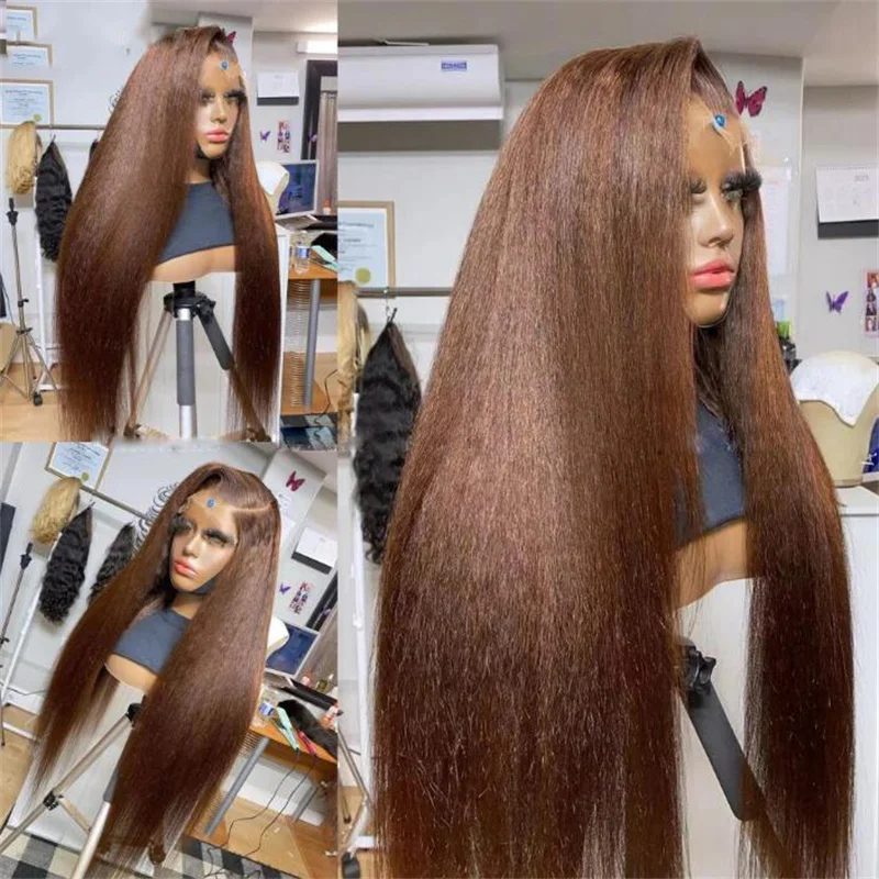 Long Glueless Kinky Straight Lace Front peruca para mulheres, pré-arrancadas peruca diária, cabelo macio do bebê, Yaki, marrom escuro, 200 densidade, 26"