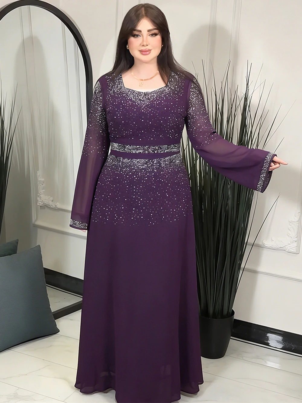 

Dubai Muslim Abayas For Women Long Sleeve Chiffon Dress Wedding Party Luxury Diamond Robes Caftan Marocain 2026 Islamic Clothing