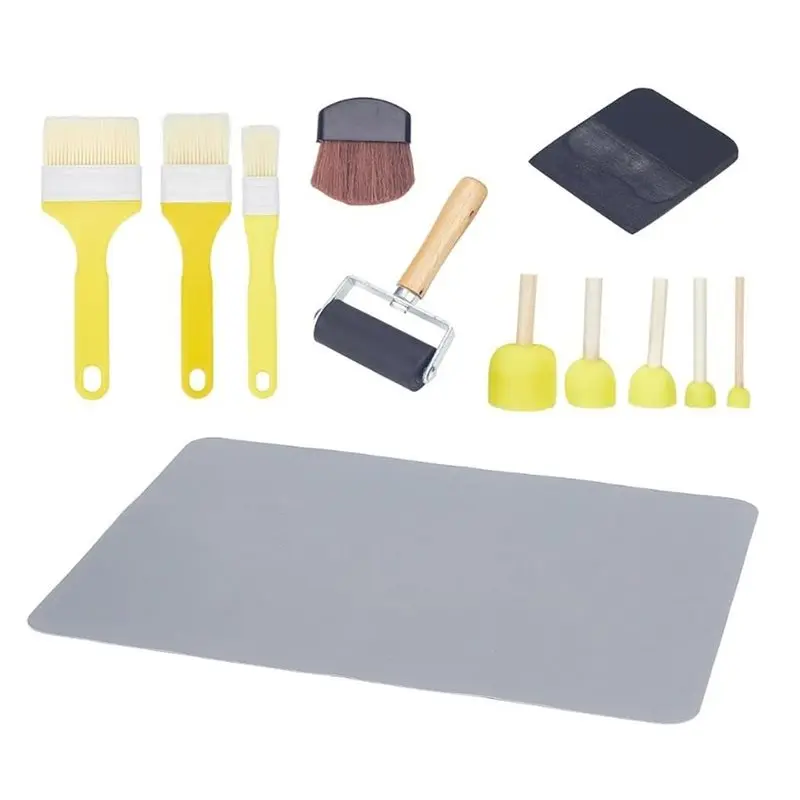 ALIM-15 Pcs Decoupage Kit, Essential Decoupage Tools Sponge Bruch Silicone Mat Rubber Brayer Roller Plastic Scraper Fiber