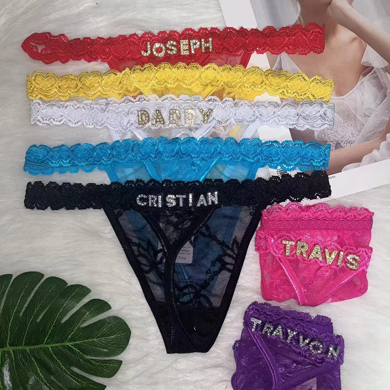 Custom Thong Name Customized Thongs Rhinestone Letters Lace Thongs Personalized Underwear Panties G-String Tanga Jewelry Gift