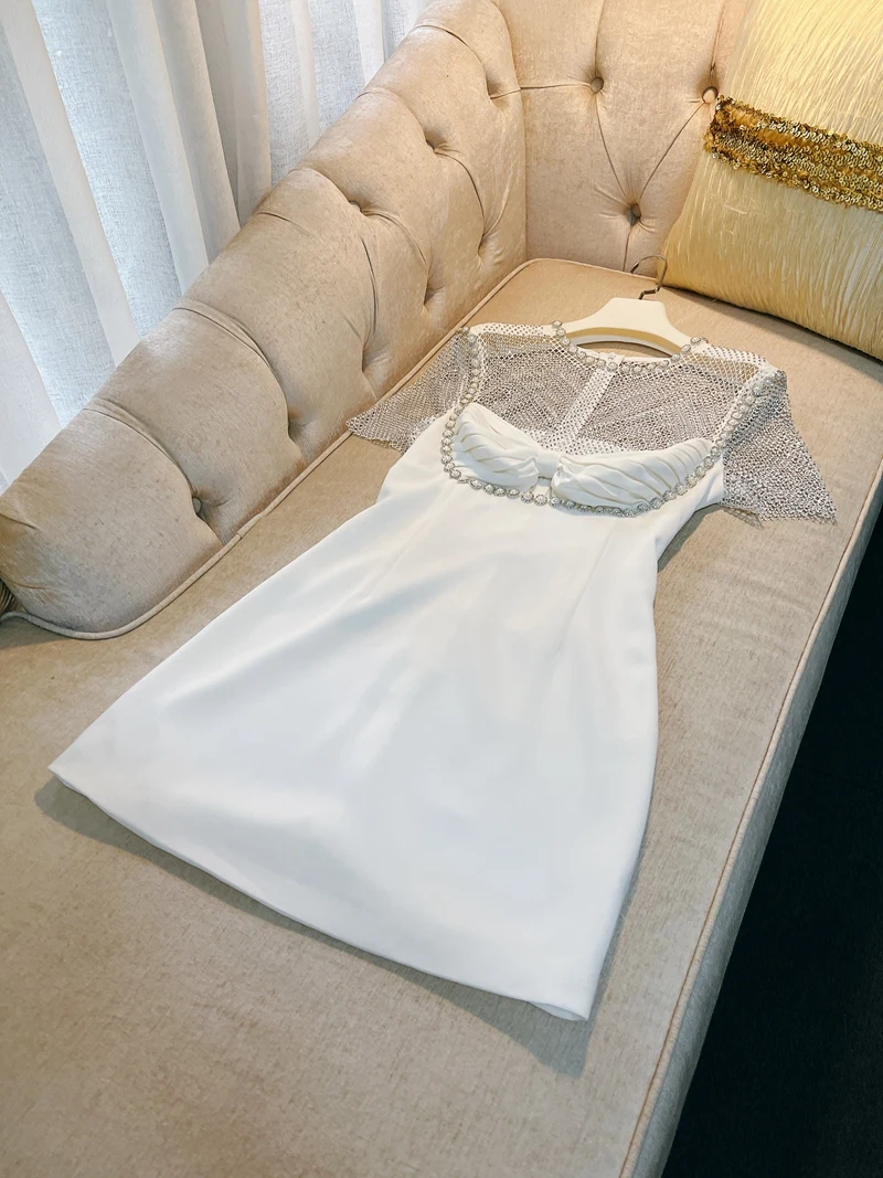 

Ele Pearl Embellied Me Splice Birthday Dr round Ne A-Line Skirt ort Sve French Sle High Waist Polyester F...