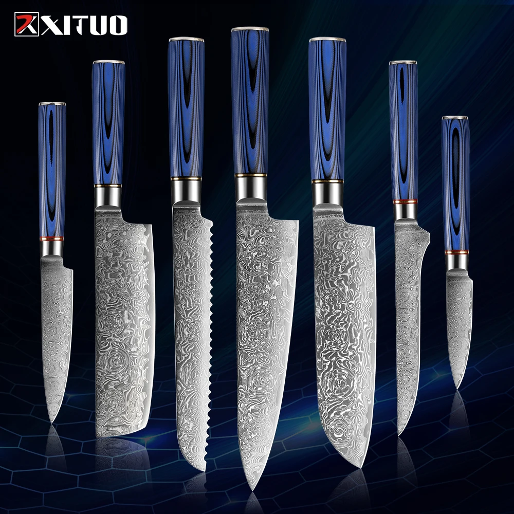 XITUO Kitchen Knife Set Damascus Steel Rose Pattern 1-7PCS Set Sharp Damascus Chef Knife Santoku knife Blue G10 Handle