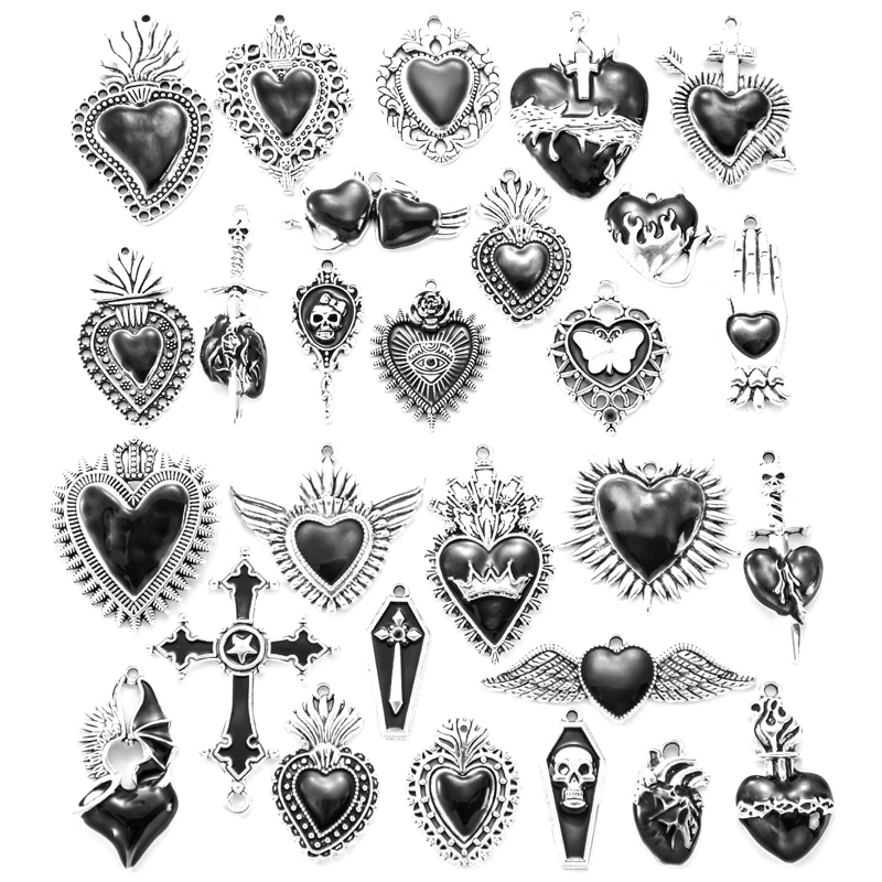 5Pcs Antique Silver Color Gothic Catholic Heart Charms