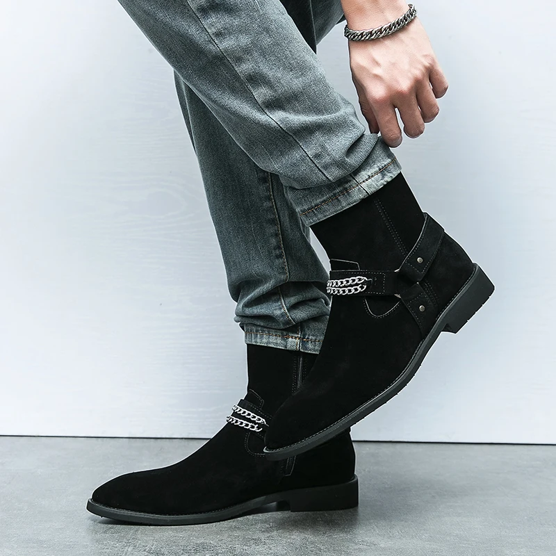 Chelsea Boots Men Fashionable British Zipper Mid Leg Denim Boots Men Outdoor Training Formal Boots Sizes 38-46 Men Boots