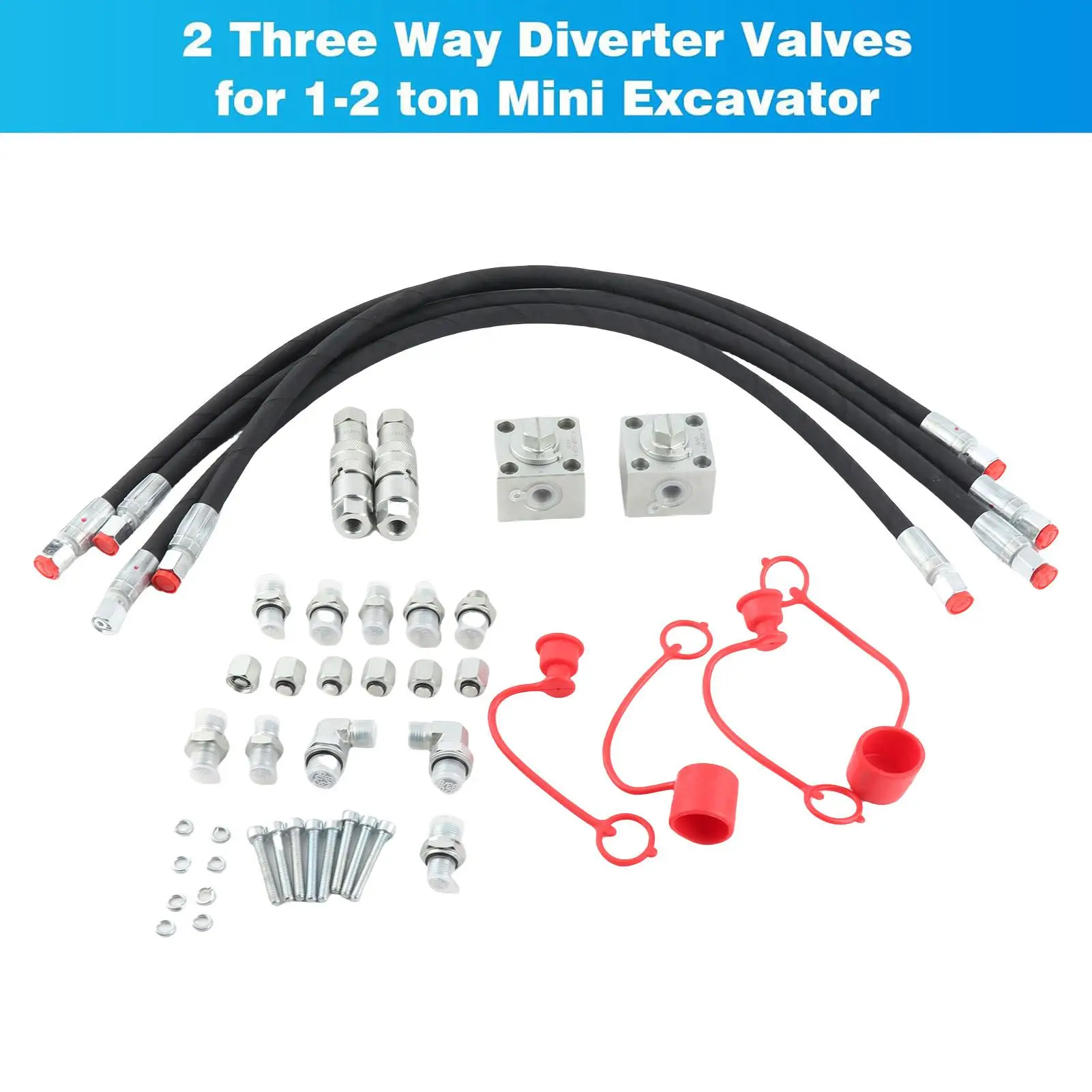 2PCS 3 Way Diverter Valves with Quick Connectors 31 Inch Flexible Hoses for 1-2 Ton Chinese Mini Excavator