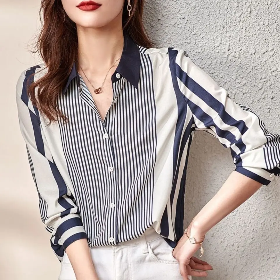 Striped Color Blocked Long Sleeved Chiffon Shirt for Women\'s Spring Autumn New Commuting Temperament Loose Versatile Shirt Top