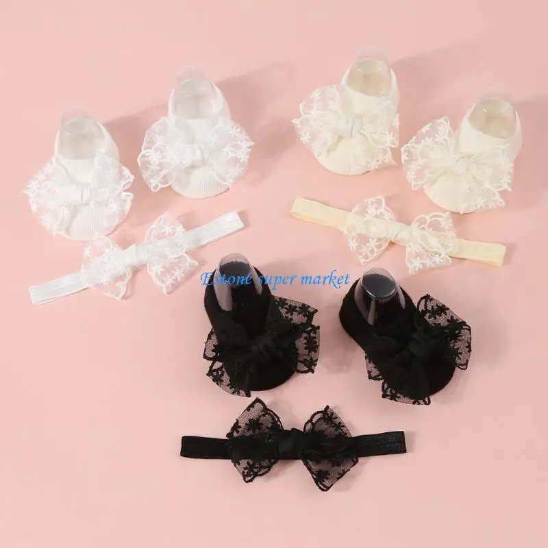 

090B Baby Floor Socks with Headband Not-Slip Step Socks Infant Walk Socks for Girl