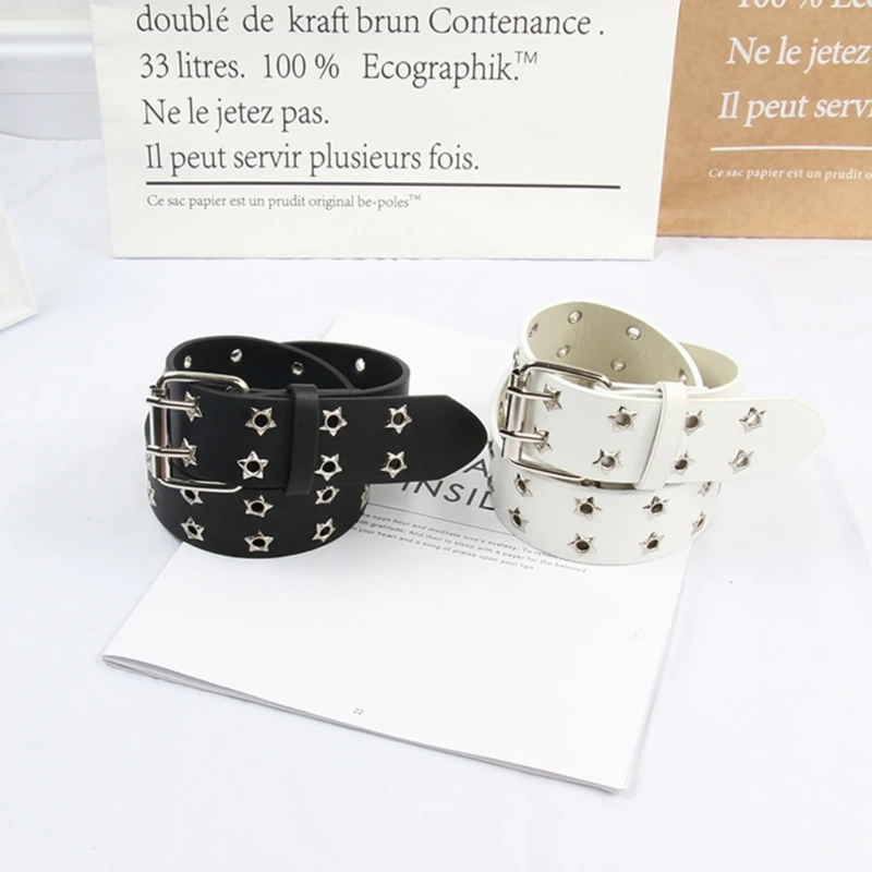 

Women Faux Leather Belt for Jeans 1.5" Wide Double Grommet with Alloy Pin Buckle Fashion Accessories One Size Fits Most