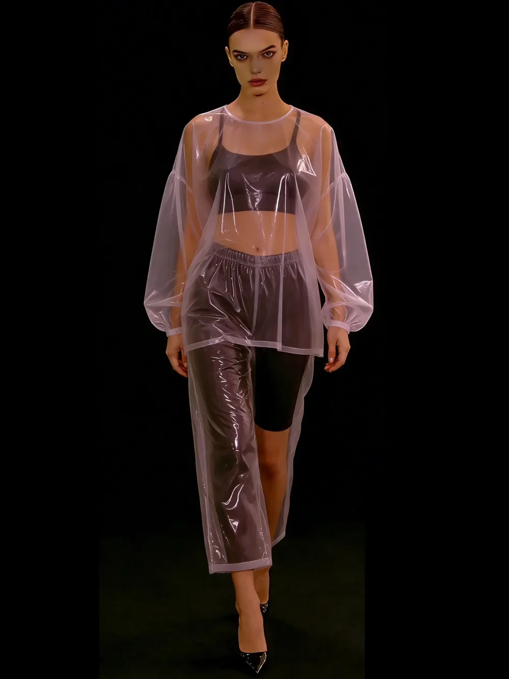 

Adult See Through Clear Costumes Thin Transparent PVC Blouse Long Sleeves Tops Loose Suitable Stage Performances Sexy Show Top