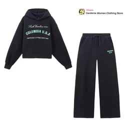 Women's Autumn Tracksuits Normcore 2 Piece Sport Sets Text Print Hooded Sweatshirt Sets and Plush Elastic Waistband Jogger Pants