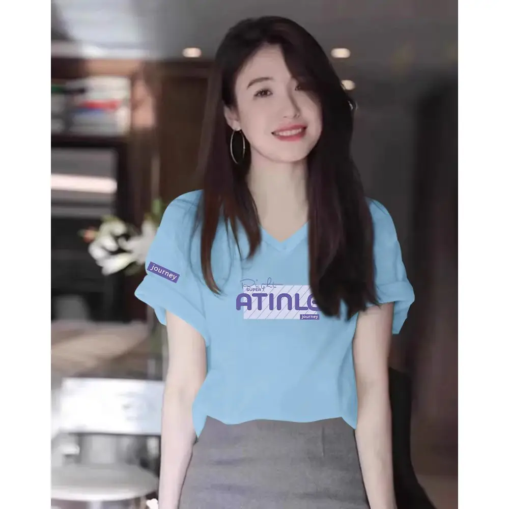 

Cotton Striped Letter Print V-neck Sky Blue Summer Short-sleeve T-shirt Relaxed Fit Women's Tops Graphic T Shirts