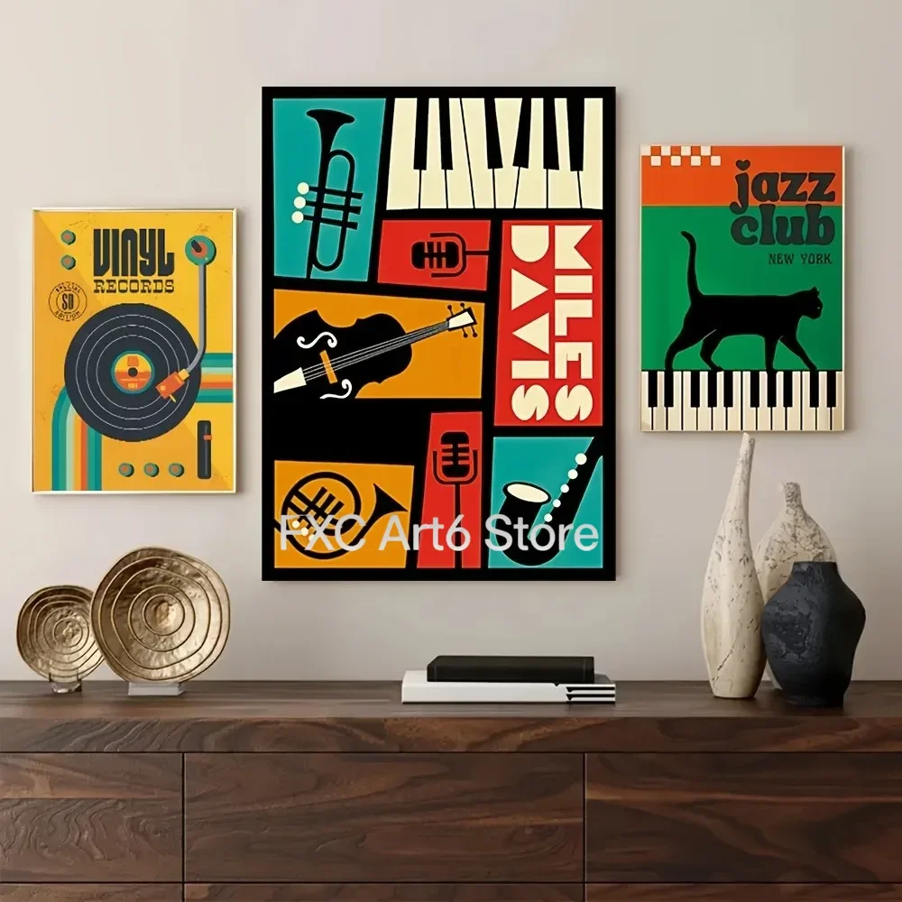 3 Stück rahmenlose Retro-Musik-Leinwand-Wandkunstdrucke, Jazz-Club- und Musikinstrumenten-Thema, Wohnzimmerdekoration, Musikraumdekoration