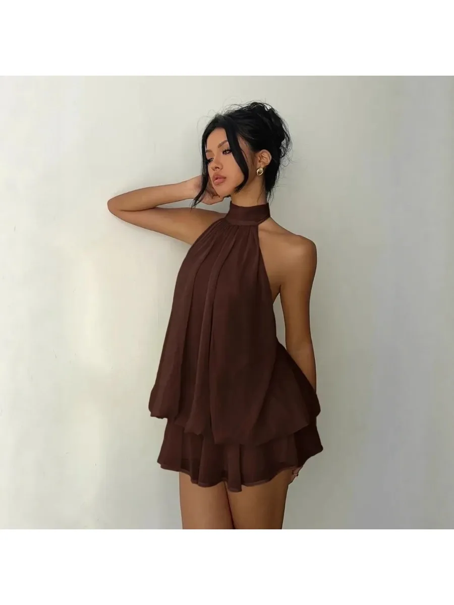 Damesjurk met halternek, chiffon mini-rok met strik aan de voorkant, modieuze sexy Y2K vintage schattige feestjurk voor verjaardagen - afbeelding 2