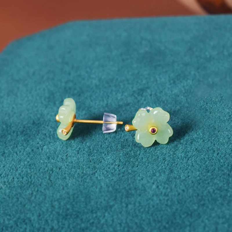 Lucky Four-Leaf Clover Stud Earrings Girls Hetian Jade Earrings Retro Design Jade Earrings Eardrops Gift