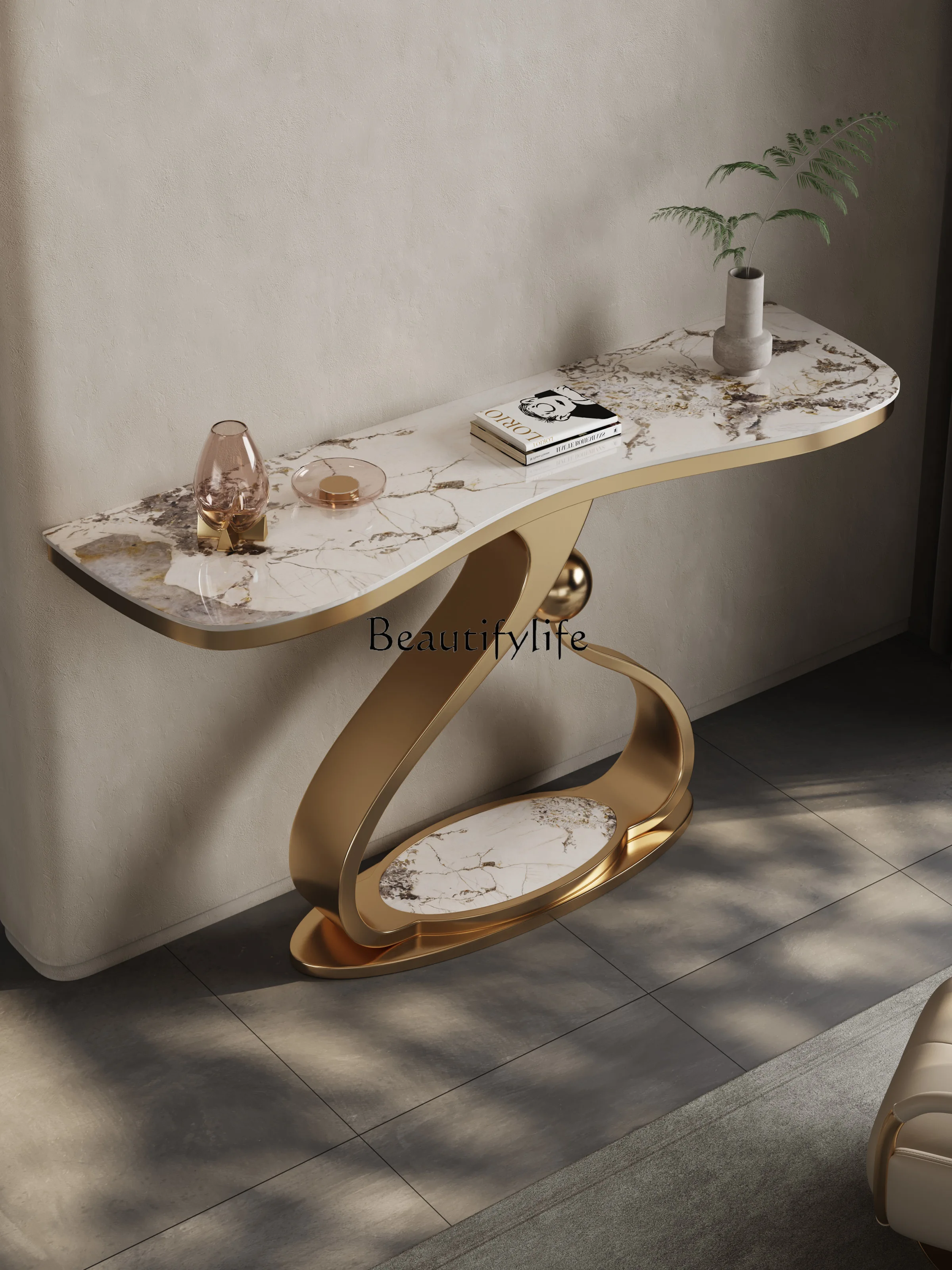 

Light luxury stainless steel rock slab modern art Xuanguan platform foyer strip case end view platform against the wall large