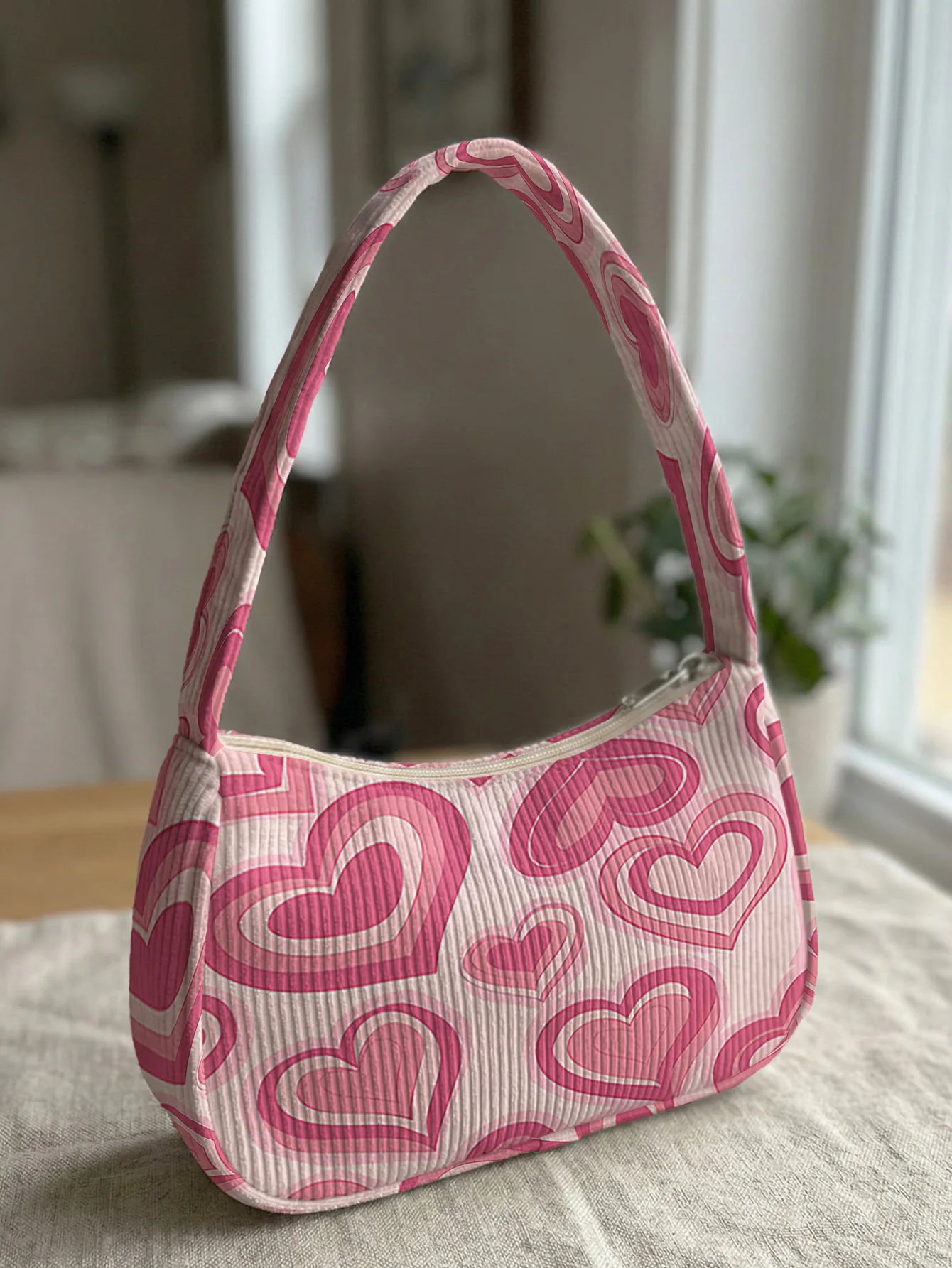 Trendy Pink Heart Print Shoulder Bag, Corduroy Underarm Bag for Daily Casual Use