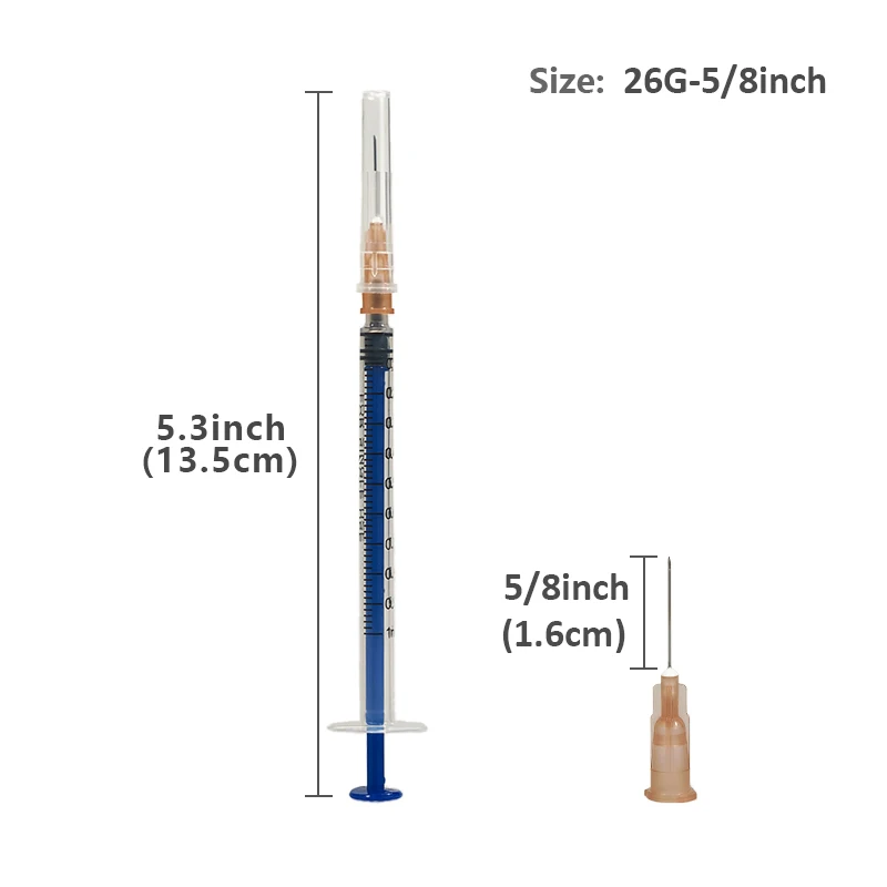 Seringa descartável azul de 1ml/cc, 100 peças com agulha 26g 5/8 polegadas estéril embalada individualmente para distribuição industrial, animais de estimação, animais