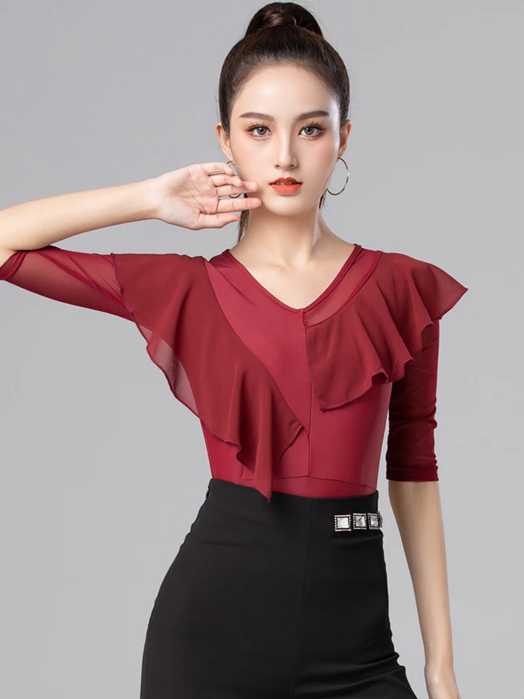 بدلة رقص لاتينية سوداء برقبة على شكل حرف v وأكمام قصيرة من قطعة واحدة زي موحد للنساء ملابس رياضية للرقص القياسية الحديثة والل...