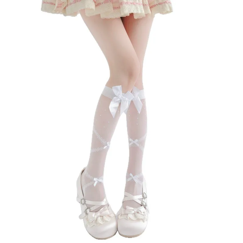 Cute Lolita Girls Long Stockings Ornate With Bowknot Tie Strap Subtle Pattern Sock Cuff And Satin Ribbon Bow Soft Comft Hosiery