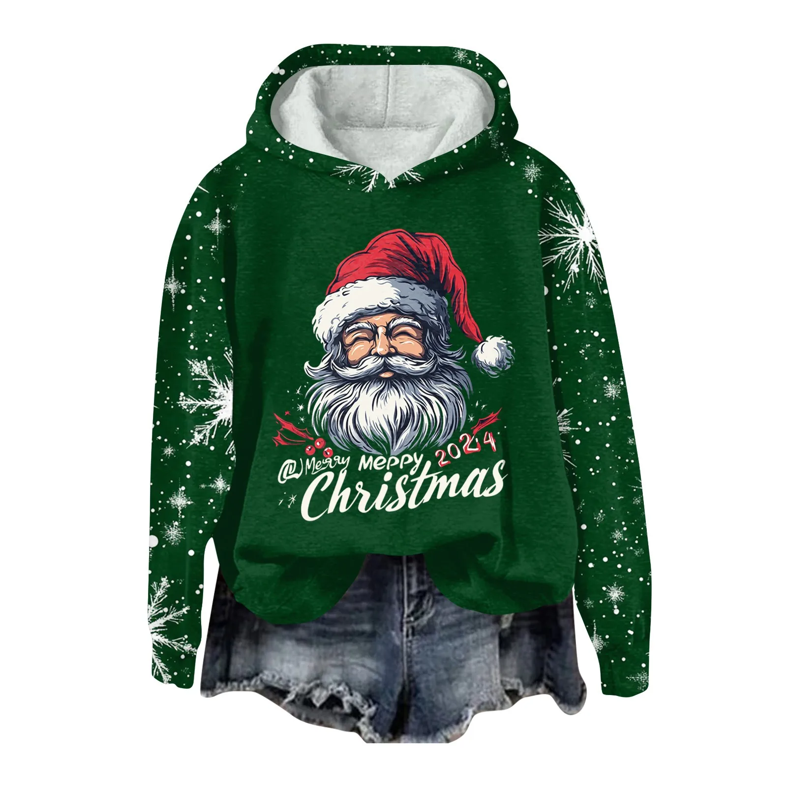 Women'S Fashion Pullover Plunging Sleeve Christmas Printed Hooded Sweatshirt Winter Clothes Woman VêTements D'ExtéRieur 2024