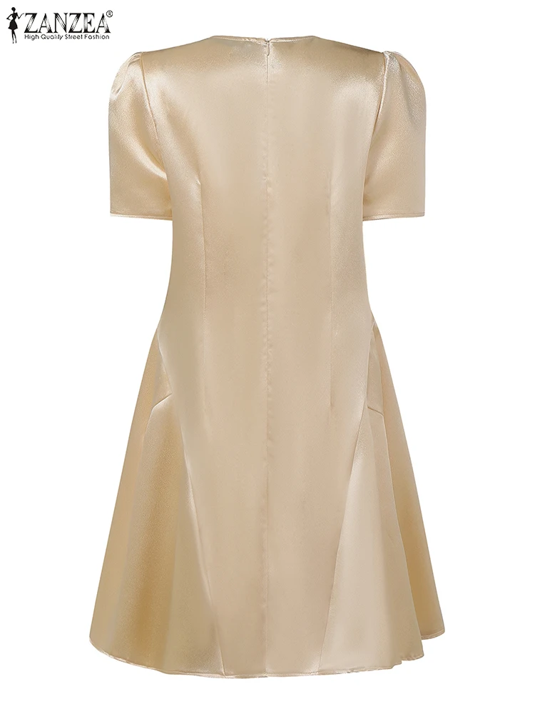 ZANZEA لامعة الساتان ثقب المفتاح س الرقبة ألف خط الجلباب قصيرة الأكمام 2025 موضة أنيقة الصلبة فستان كوكتيل حفلة امرأة فساتين صغيرة