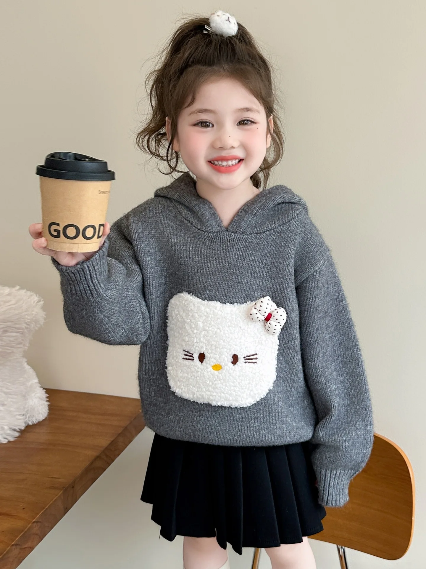 

Kids Girls Cartoon Hooded Sweater 2025 Autumn Korean Style Cat Printed Long Sleeve Knitted Tops Cute Sweet Children's Knitwear