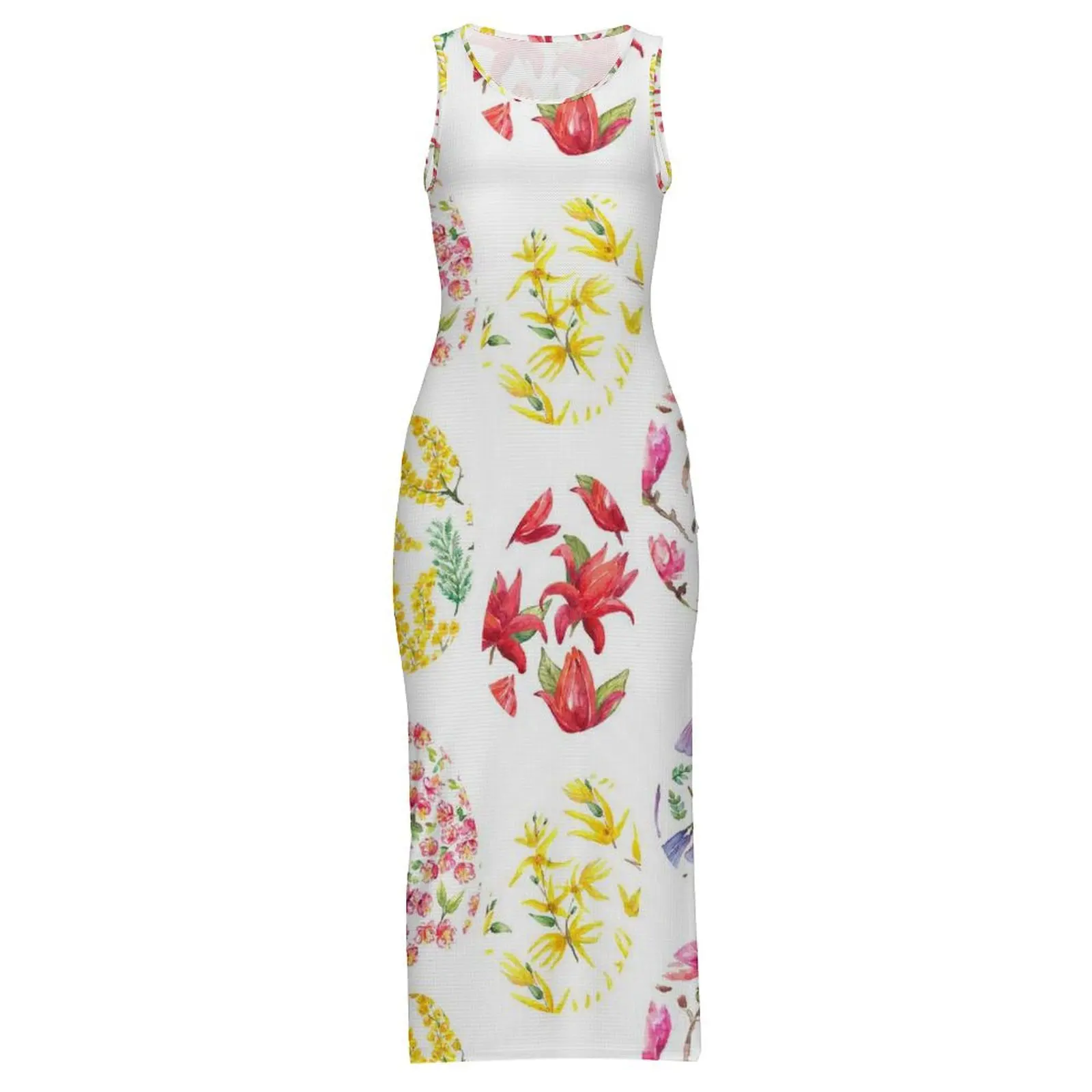 فستان عيد الفصح بدون أكمام بيض زهرة طباعة فنية فساتين ماكسي عصرية صيفية كورية موضة مخصصة فستان ضيق مقاس كبير 3XL 4XL