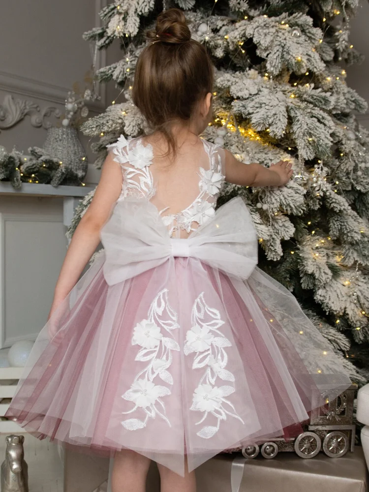 Robes de demoiselle d'honneur en tulle rose poussiéreux, appliques florales blanches avec nœud pour fête de mariage, anniversaire, première communion, quoi que ce soit