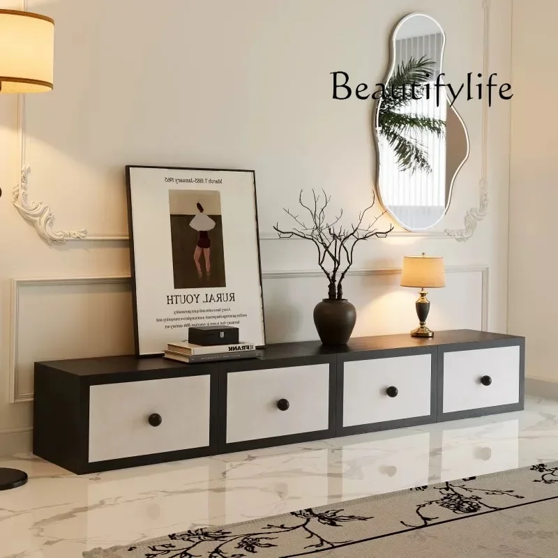 X36 TV Cabinet Living Room Black And White Begonia Medieval French Retro Wabi Solid Wood Leather Back Hollow Combination