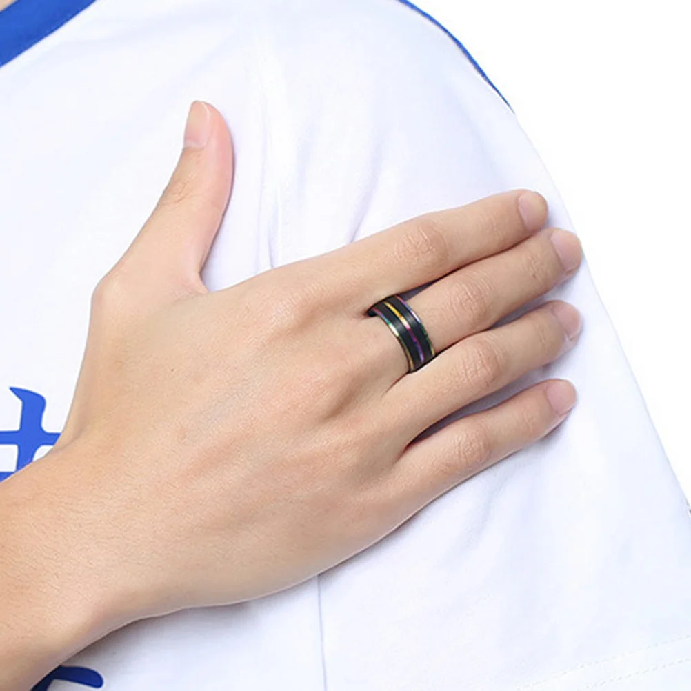 

1Pcs Titanium Steel Rainbow Double Plated Ring Men Grooved Band Wedding Promise Anniversary Color Steel Men's Ring