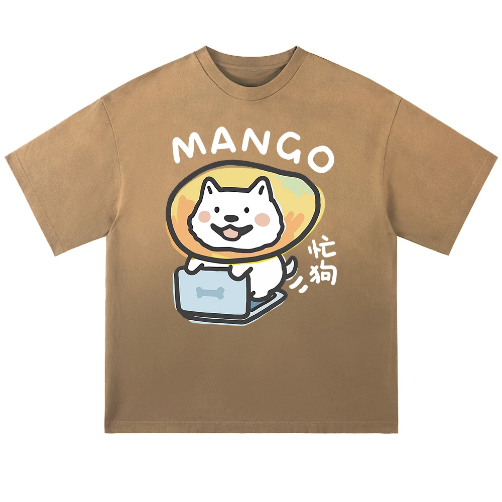 

Busy Dog Mango Fruit Dog Pattern Retro T-Shirt Men Summer All-Match Clothing Trendy Crewneck Tie-Dye Tops Cotton Streetwear