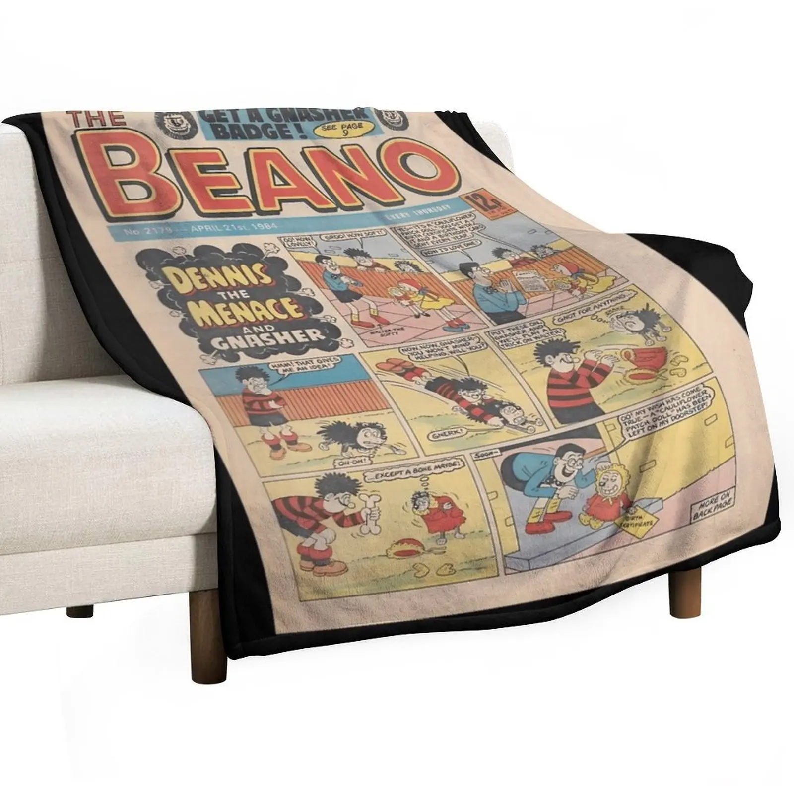 Vintage/Retro 1984 Beano Front cover. Classic Dennis the menace and Gnasher, vintage style. Throw Blanket